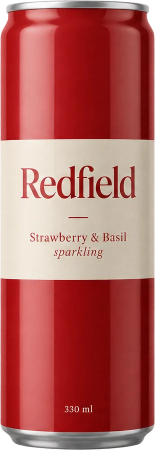 A red sparkling drink can with a cream label, strawberry and basil