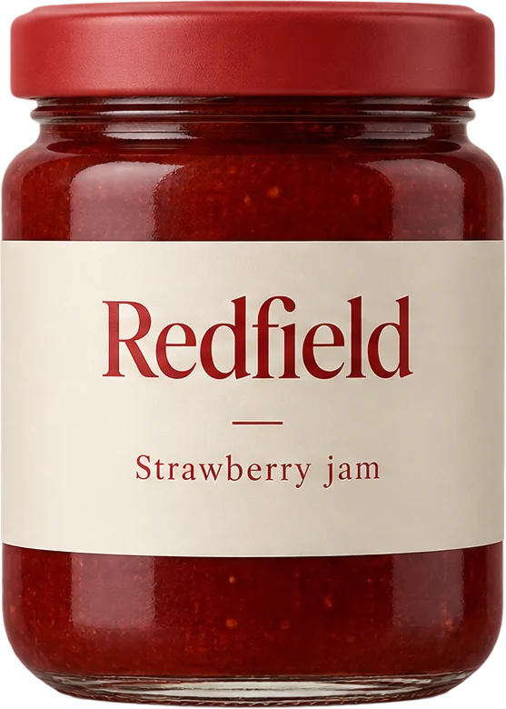A glass jar of strawberry jam with a matching label