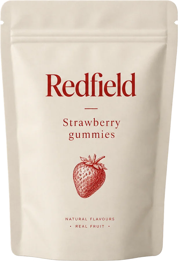 A cream pouch of strawberry gummies with a red strawberry drawing