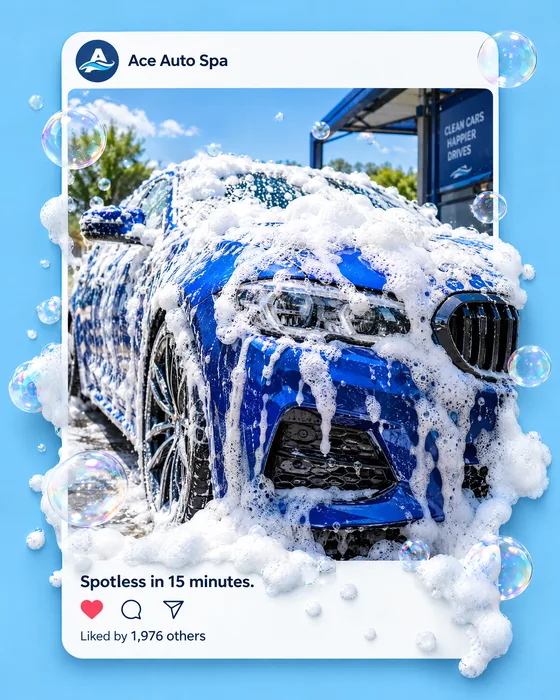 Ace Auto Spa, Instagram post: a car covered in foam bursting out of the frame
