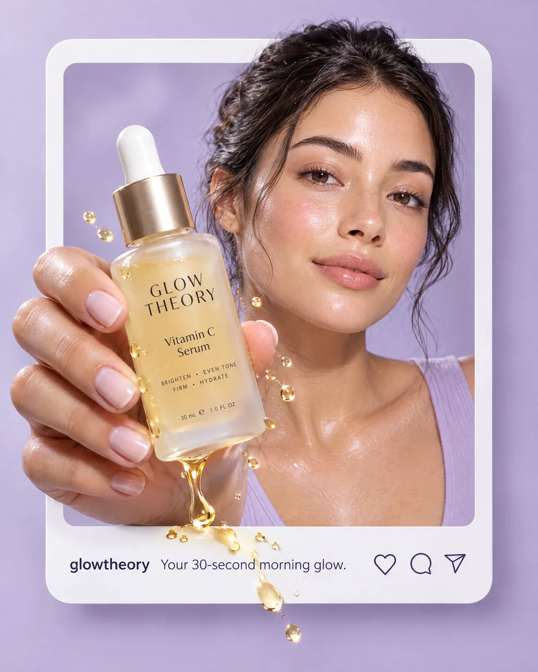 Glow Theory, Instagram ad: a woman holds a vitamin C serum bottle out of the frame