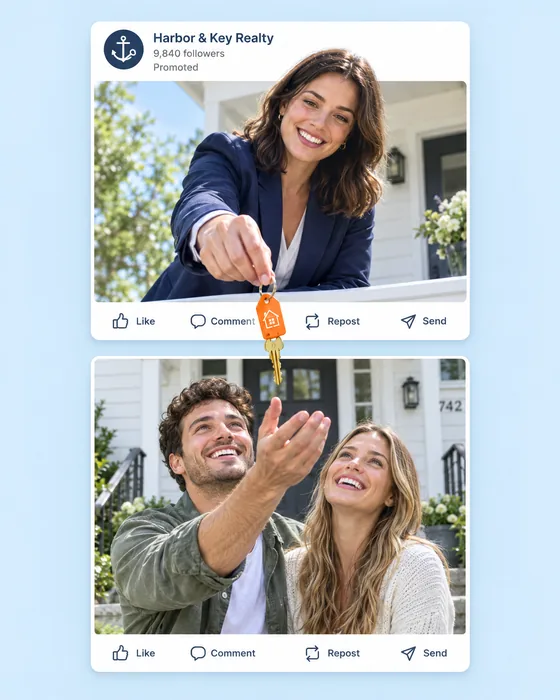 Harbor and Key Realty, LinkedIn post: an agent hands house keys down to a couple in the post below