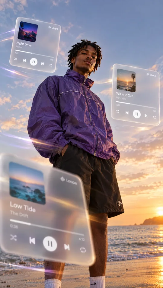 Loopa, Story ad: a man on a beach at sunset surrounded by floating music player cards