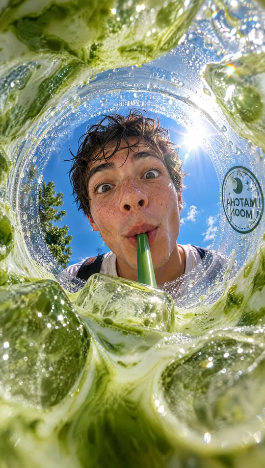Matcha Moon, Story cover: a man sips a matcha, seen from inside the cup