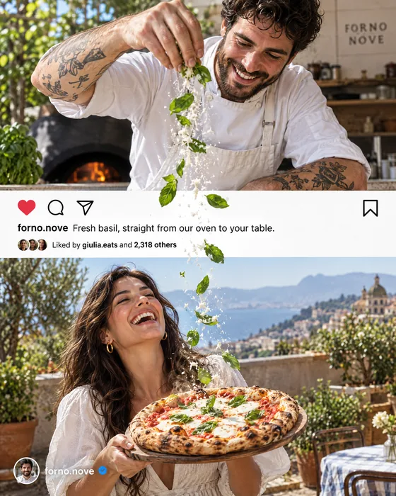 Forno Nove, Instagram post: a chef drops fresh basil into the post below, onto a guest's pizza