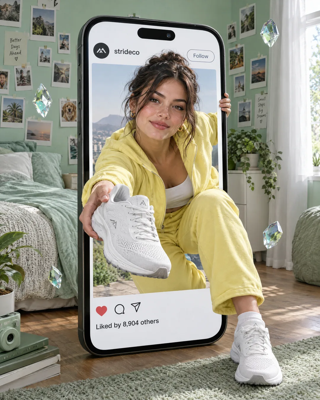 Stride Co, Instagram post: a woman in the post holds a white sneaker out toward the viewer