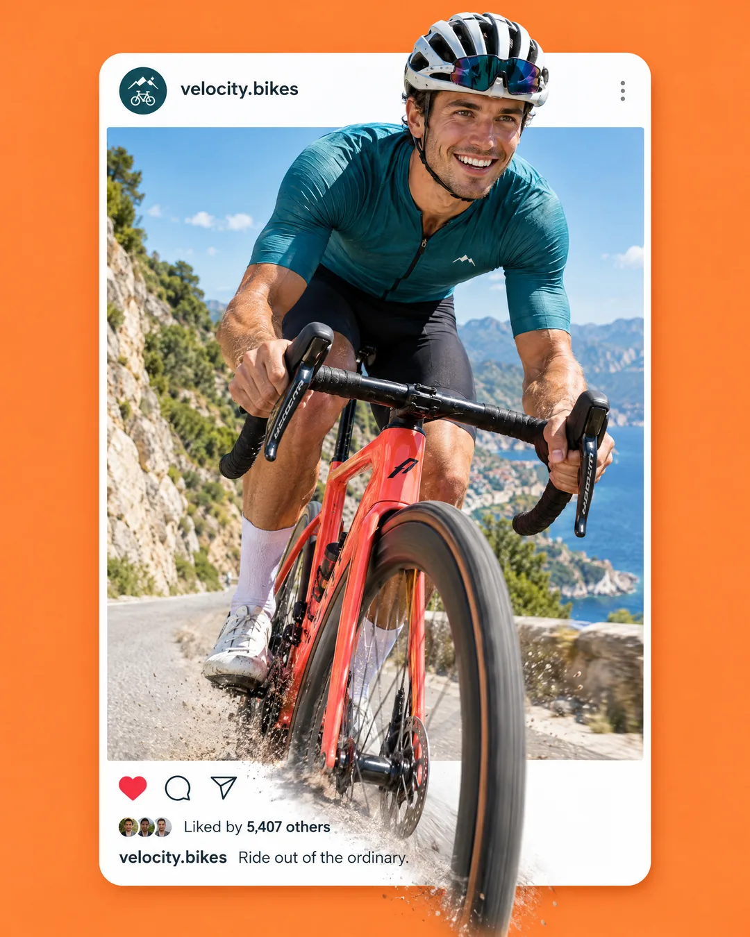 Velocity Bikes, Instagram ad: a cyclist rides out of the post frame on a coastal road