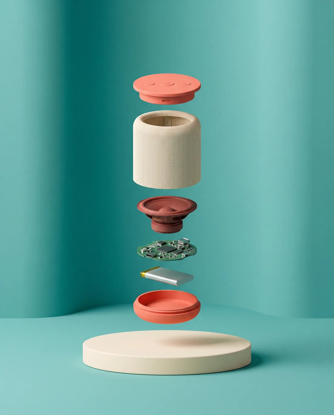 A still render of a small speaker taken apart: the top, the fabric sleeve, the driver, the circuit board and the battery float above a round stand