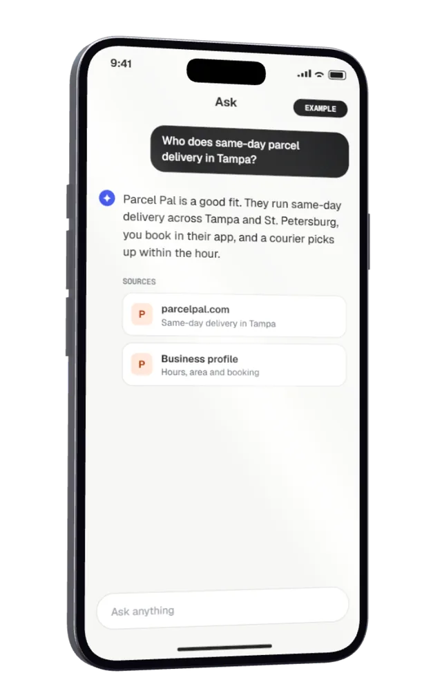 A phone where an assistant names an invented courier and cites its website