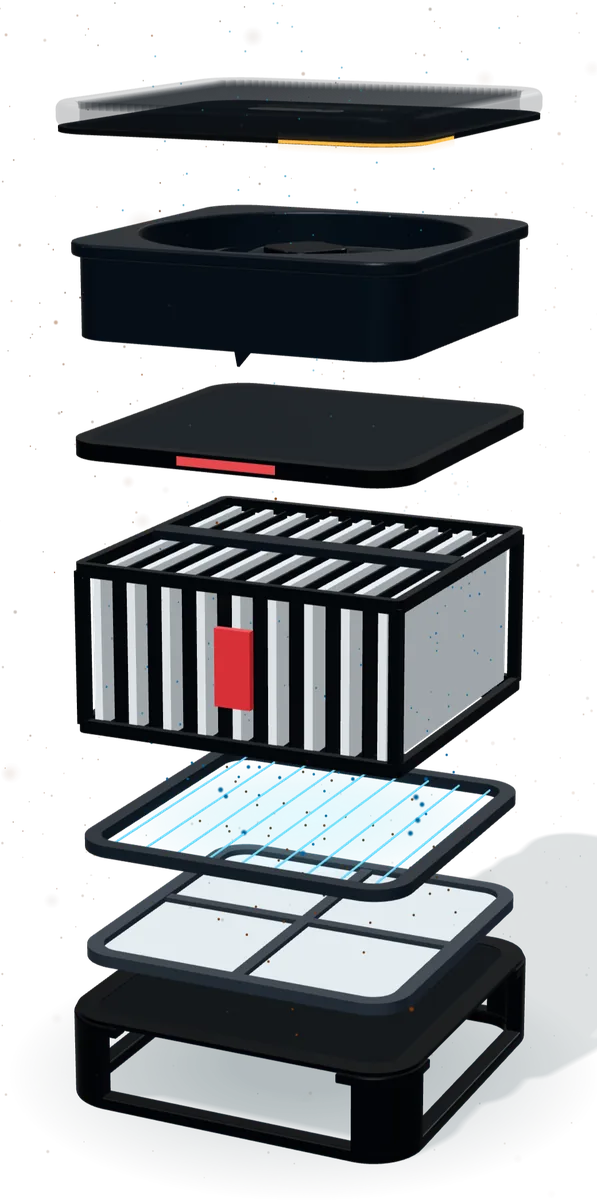 An air purifier taken apart: pre-filter, particle charger, collector plates, carbon tray and fan