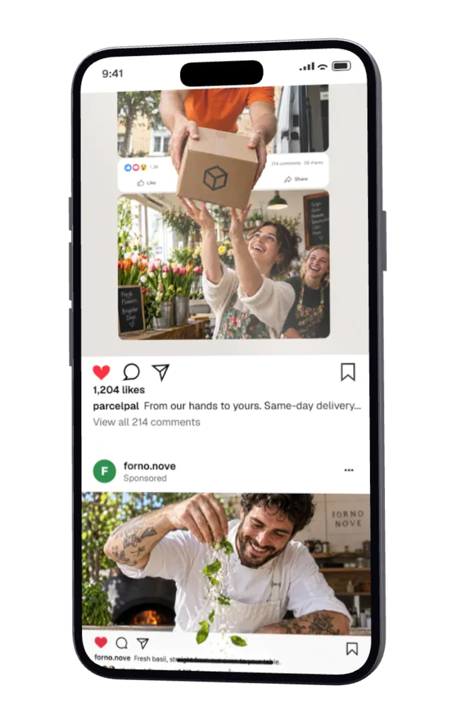 A phone showing an Instagram feed of our posts