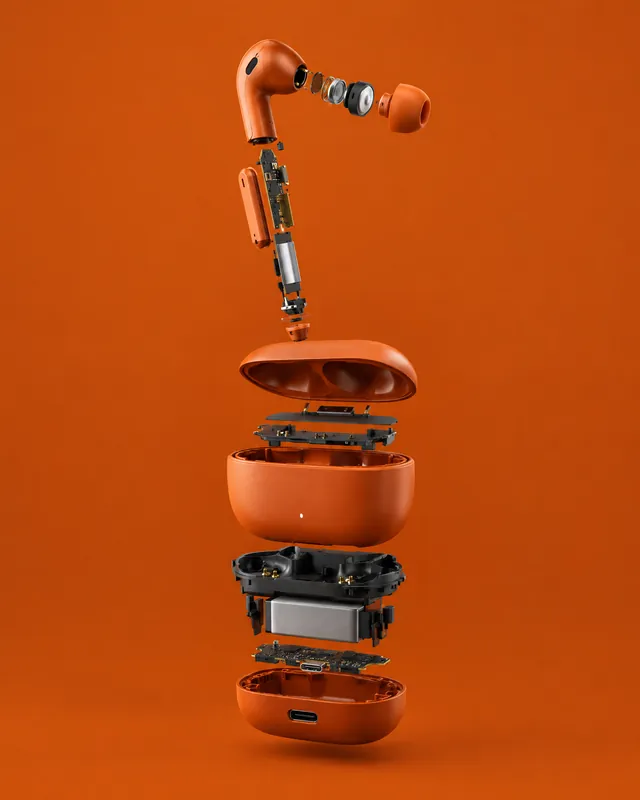 A wireless earbud and its case taken apart, every part floating in a line on burnt orange