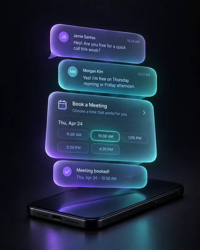 Frosted glass message bubbles and a booking card floating above a phone