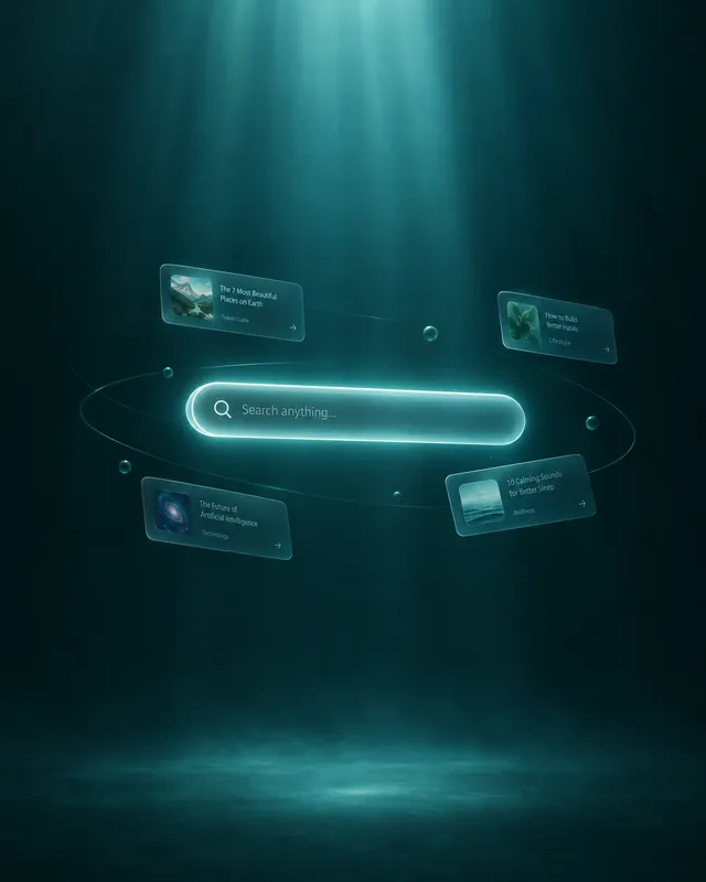 A glowing search bar floating in a deep teal space with small result cards orbiting it