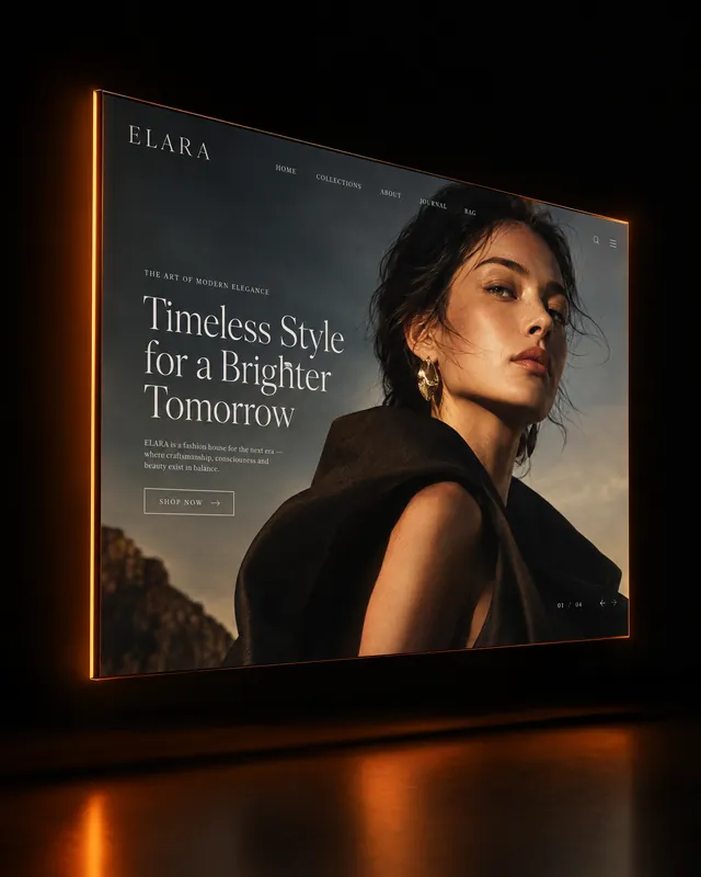 A thin display in a dark studio showing a fashion house's website with a large editorial photograph